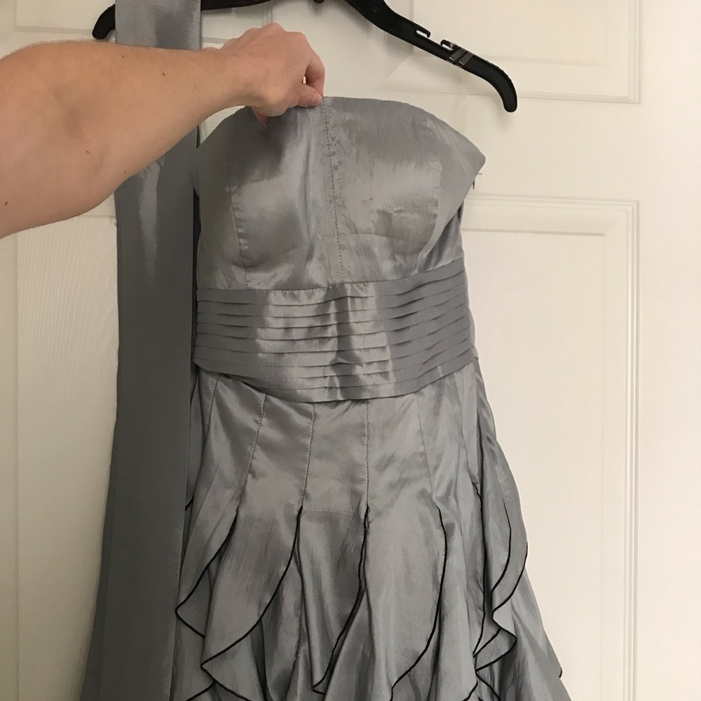 Silver strapless semi formal dress